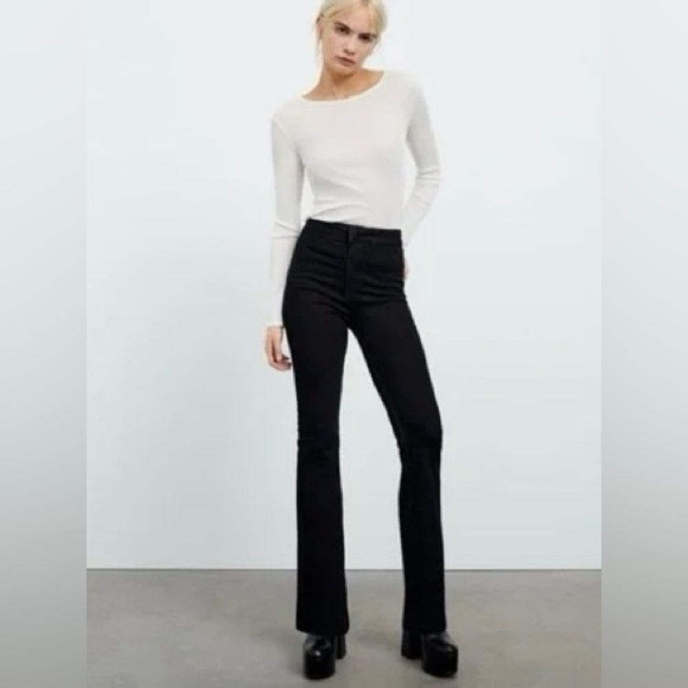Zara High Waisted Black Denim Skinny Flare‎ Pants NWT Size 10